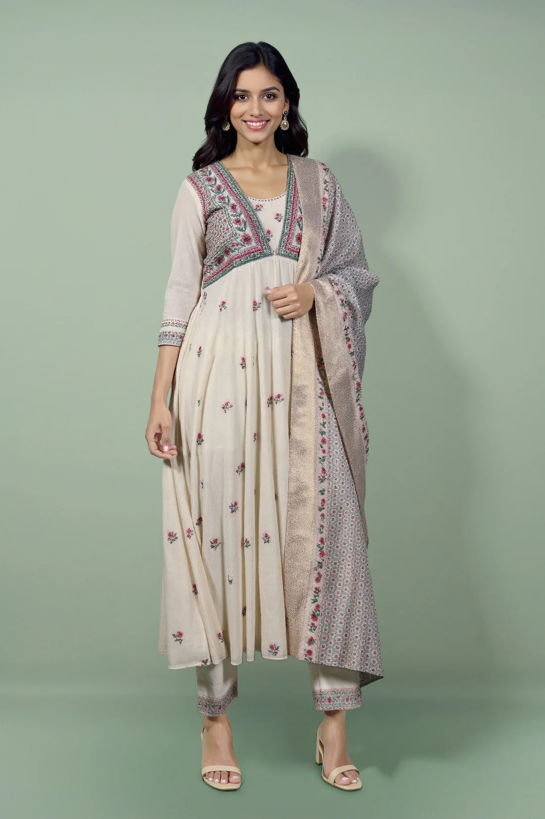 White Embroidered Yoke Cotton Dobby Anarkali Kurta